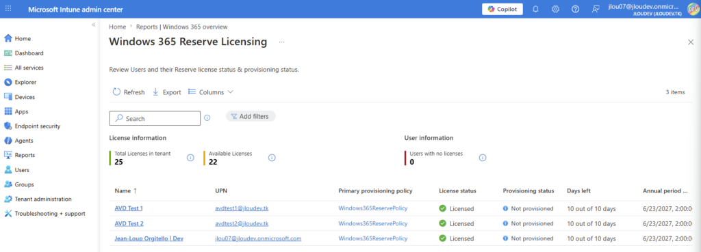 Même vue Intune sept jours plus tard, le Cloud PC Reserve devenu éligible au provisioning