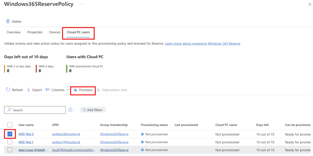 Sélection d'un utilisateur et bouton Provision dans la provisioning policy Reserve sous Intune