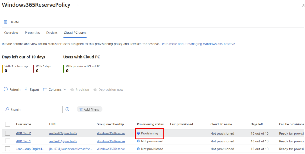 Cloud PC Reserve passant au statut de provisioning en cours dans Intune