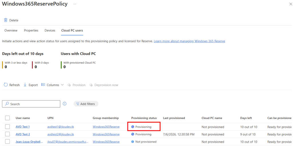 Provisioning initié par l'utilisateur, visible côté administrateur dans le portail Intune
