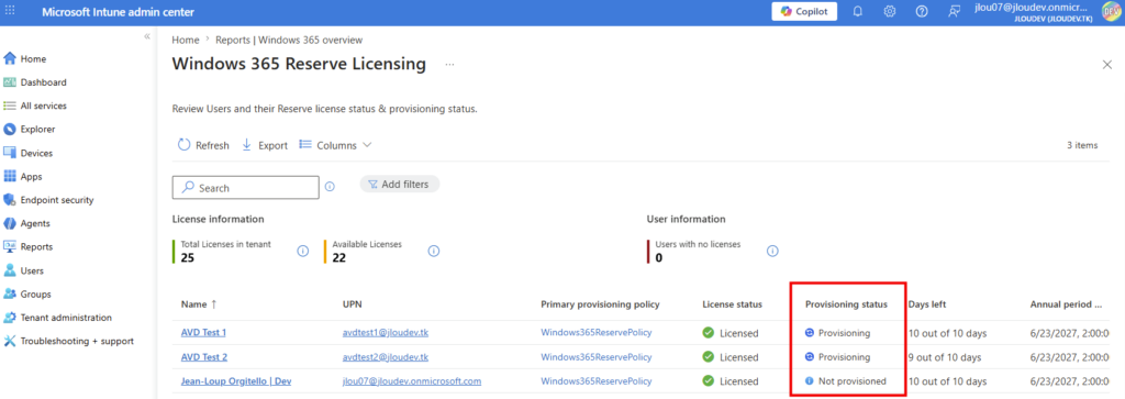 Rapport Intune affichant l'information de provisionnement du Cloud PC Reserve