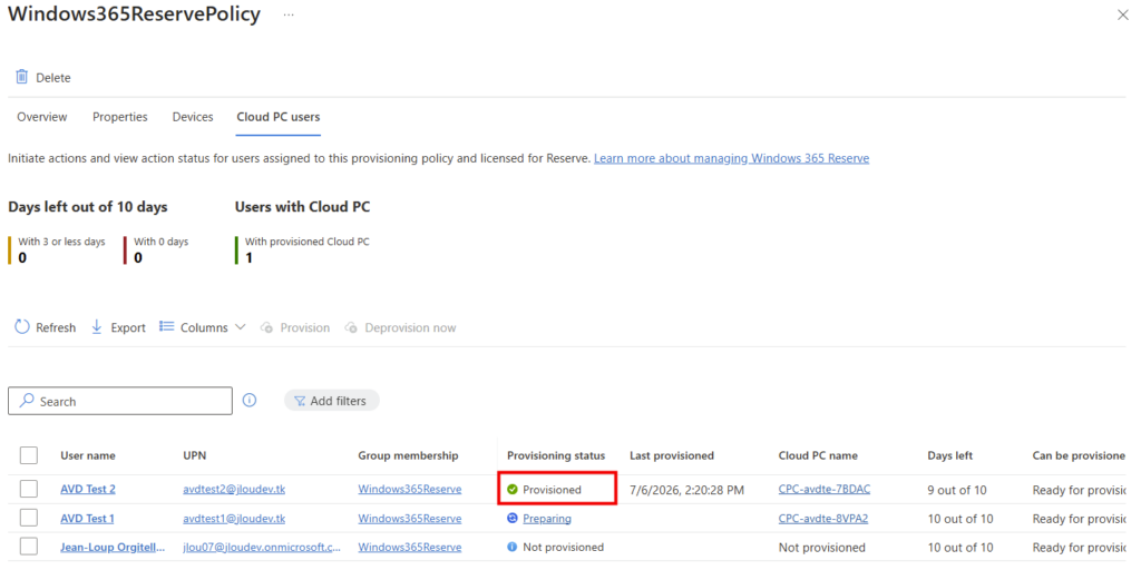 Cloud PC Reserve au statut Provisioned une fois la préparation terminée