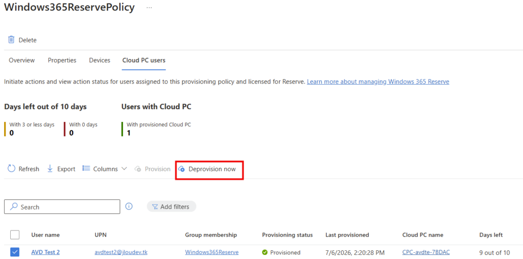 Sélection d'un Cloud PC Reserve et bouton Deprovision now dans Intune