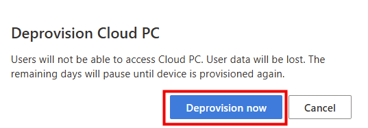 Boîte de dialogue de confirmation du deprovisioning d'un Cloud PC Reserve