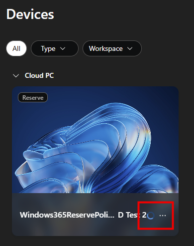Carte d'appareil du Cloud PC Reserve prête à être lancée dans la Windows App