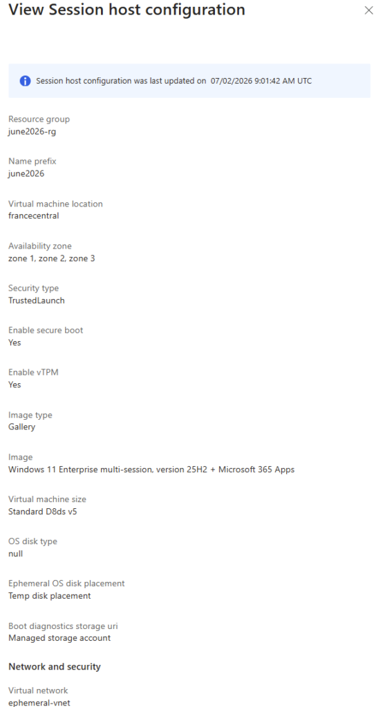 Portail Azure : la configuration d'hôte de session AVD avec image, taille de VM, disque, sécurité, jonction de domaine et réseau