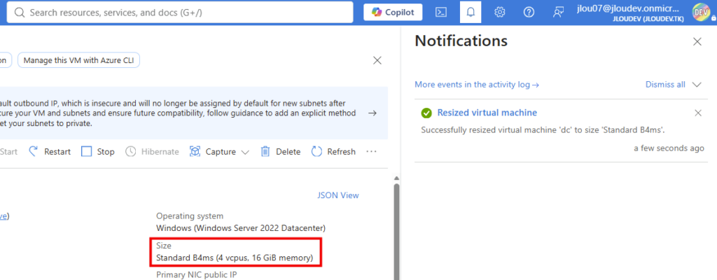 Redimensionnement d'une VM de série Bs terminé avec succès dans le portail Azure