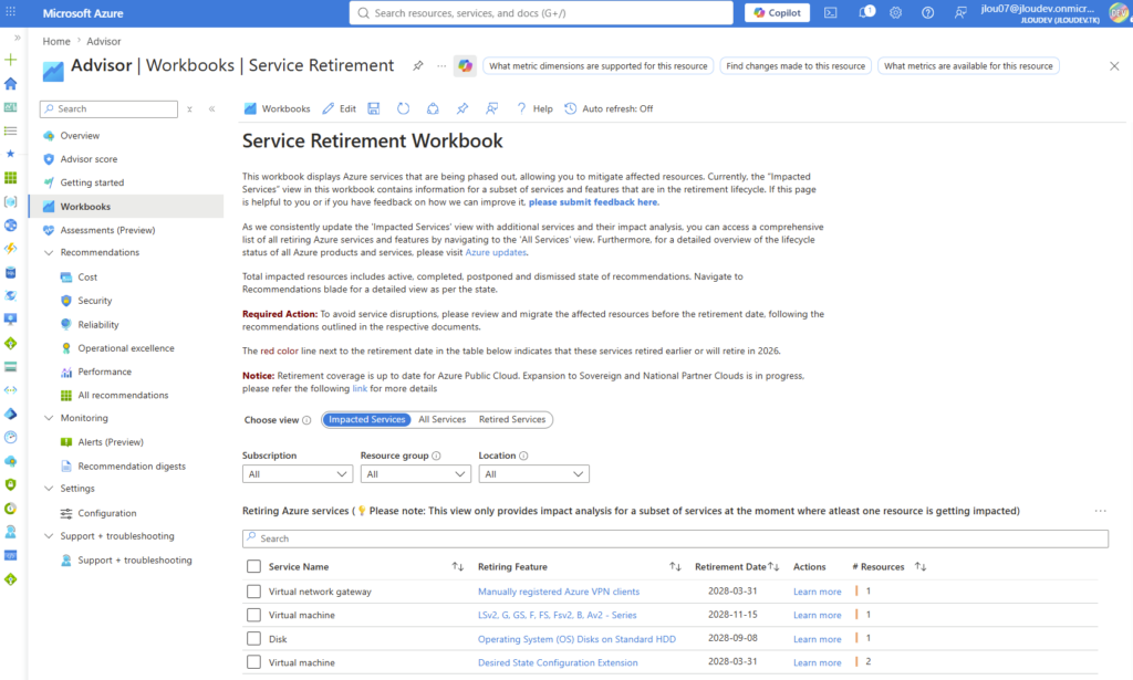 Portail Azure Advisor affichant les décommissionnements de ressources planifiés par Microsoft
