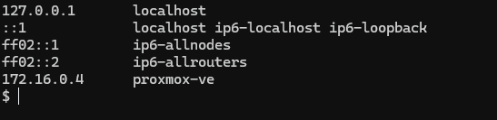 Fichier /etc/hosts après ajout de la ligne 172.16.0.4 proxmox-ve