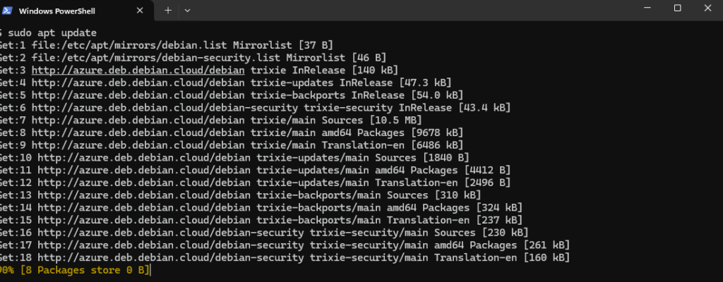 Terminal exécutant sudo apt update sur les dépôts Debian hébergés par Azure