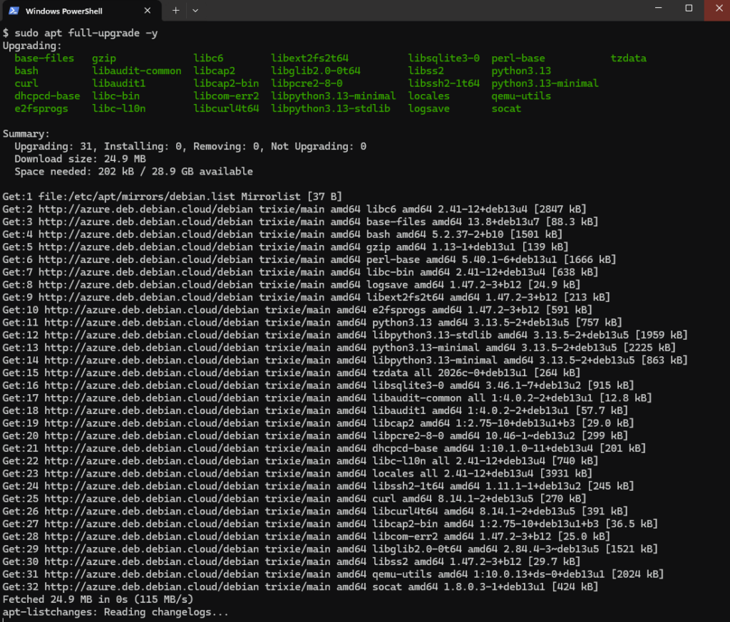 Terminal exécutant sudo apt full-upgrade -y avec 31 paquets mis à niveau