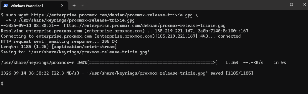 Téléchargement de la clé GPG proxmox-release-trixie.gpg avec wget vers le répertoire keyrings