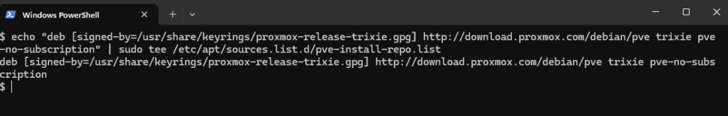 Ajout du dépôt pve-no-subscription dans le fichier pve-install-repo.list