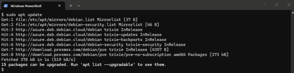 sudo apt update prenant en compte le dépôt download.proxmox.com pour trixie