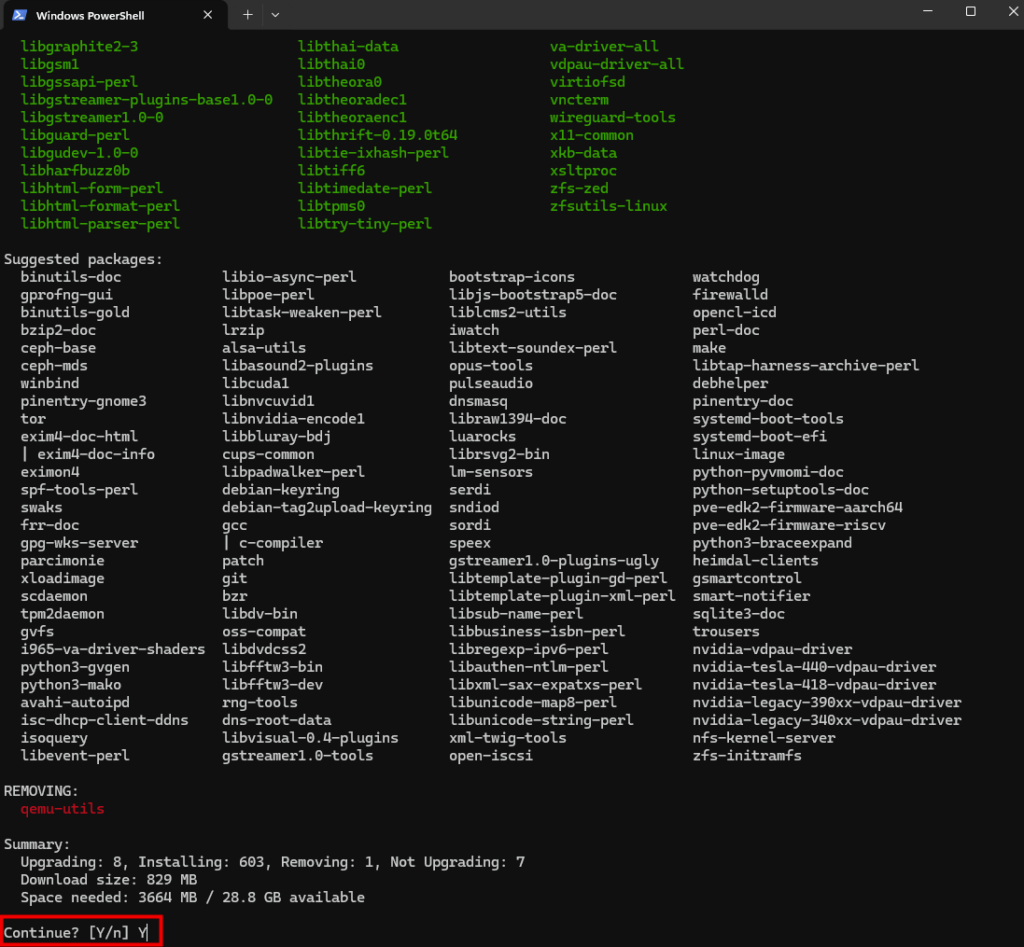 Récapitulatif de sudo apt install proxmox-ve annonçant 603 paquets à installer
