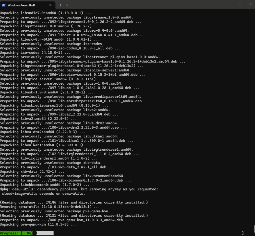 Progression du dépaquetage de pve-qemu-kvm et de ses dépendances pendant l'installation
