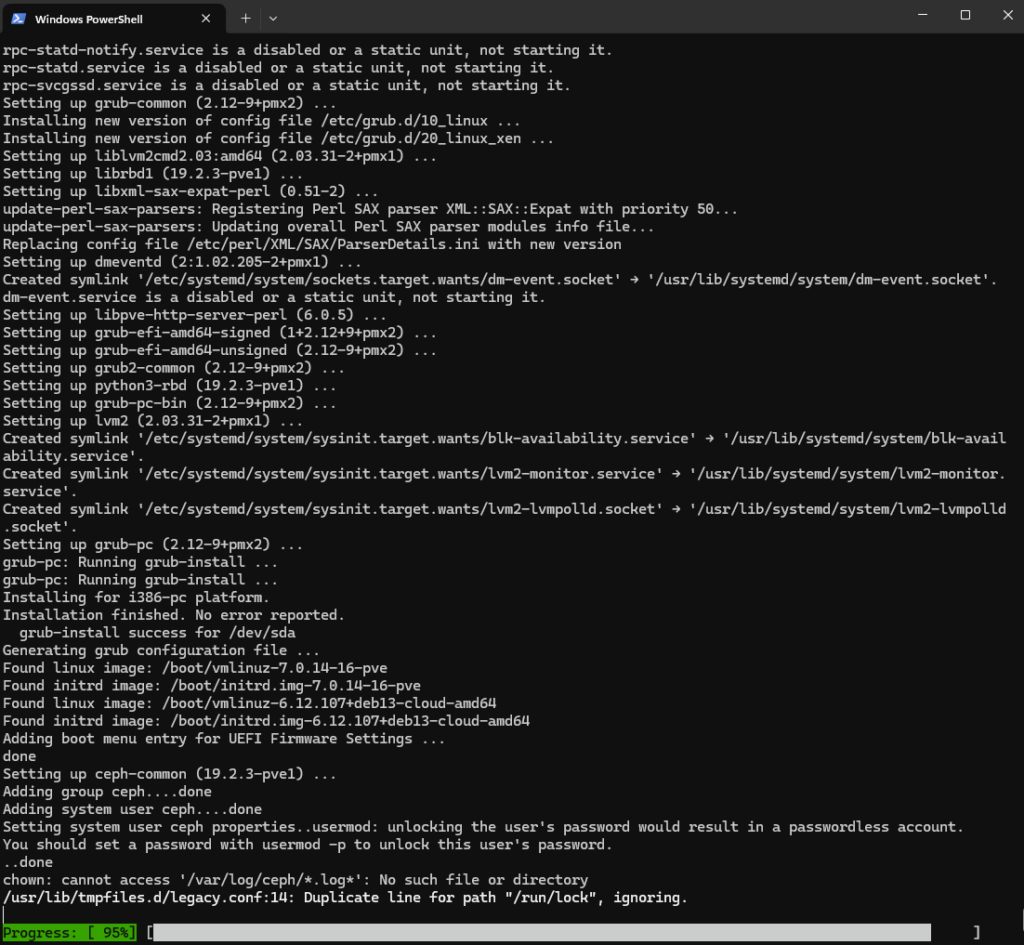 Fin de la configuration de grub-pc et génération du fichier de configuration GRUB avec le noyau pve