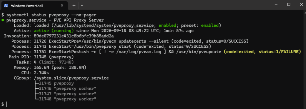 systemctl status pveproxy montrant le service actif