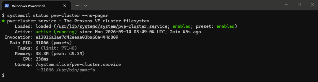 systemctl status pve-cluster montrant le système de fichiers de cluster pmxcfs actif
