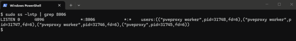 Commande ss -lntp confirmant que pveproxy écoute sur le port 8006