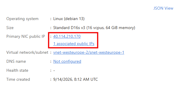 Propriétés de la VM Azure proxmox-ve avec son adresse IP publique et sa taille Standard D16s v3