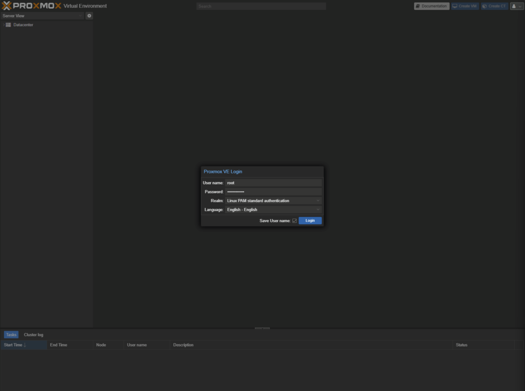 Page de connexion de l'interface web Proxmox VE avec l'utilisateur root et le realm Linux PAM