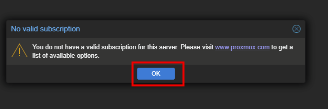 Boîte de dialogue No valid subscription affichée à la connexion à Proxmox VE