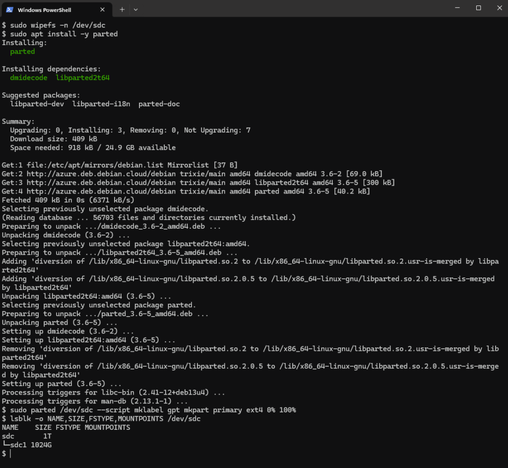 Installation de parted, création d'une table GPT et d'une partition sdc1 de 1024 Go