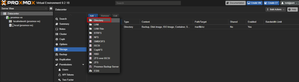 Menu Datacenter puis Storage puis Add avec l'entrée Directory sélectionnée dans l'interface Proxmox