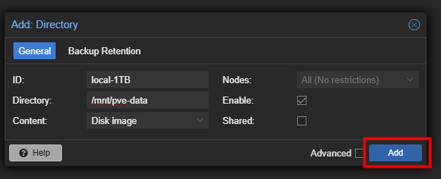 Boîte de dialogue Add Directory avec l'identifiant local-1TB pointant vers /mnt/pve-data et le contenu Disk image