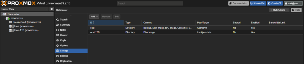 Liste des stockages Proxmox avec local et local-1TB tous les deux actifs