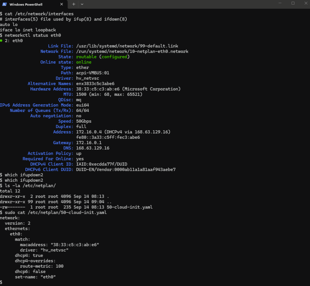 Inspection du réseau de la VM avec networkctl status eth0 et le fichier netplan 50-cloud-init.yaml
