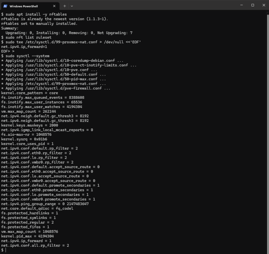 Installation de nftables et application du fichier sysctl activant le routage IPv4