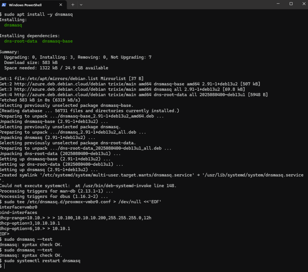 Installation de dnsmasq et configuration du DHCP sur vmbr0 avec la plage 10.10.10.100 à 10.10.10.200