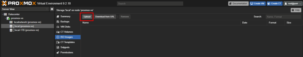 Vue ISO Images du stockage local avec le bouton Upload mis en évidence