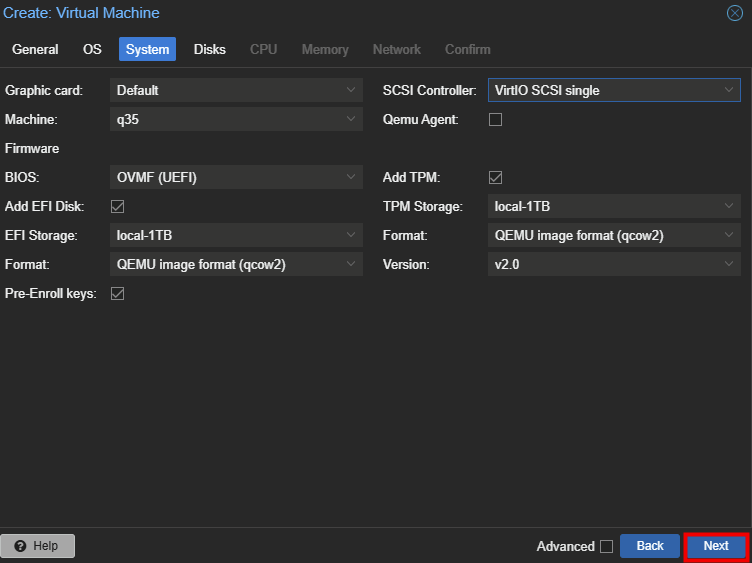 Onglet System avec la machine q35, le BIOS OVMF UEFI, le disque EFI sur local-1TB et un TPM version 2.0