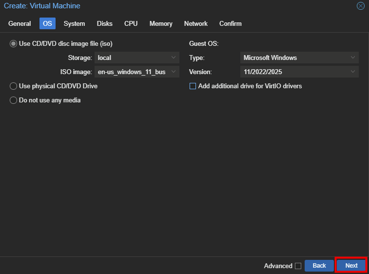 Onglet OS de l'assistant Create Virtual Machine avec la case VirtIO décochée et le type Microsoft Windows 11