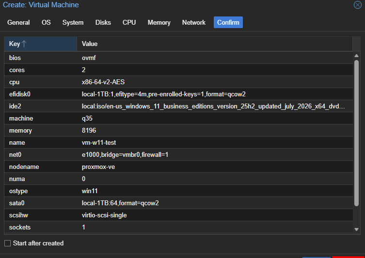 Écran Confirm récapitulant la configuration de la VM vm-w11-test avec ovmf, q35, sata0 et net0 en e1000