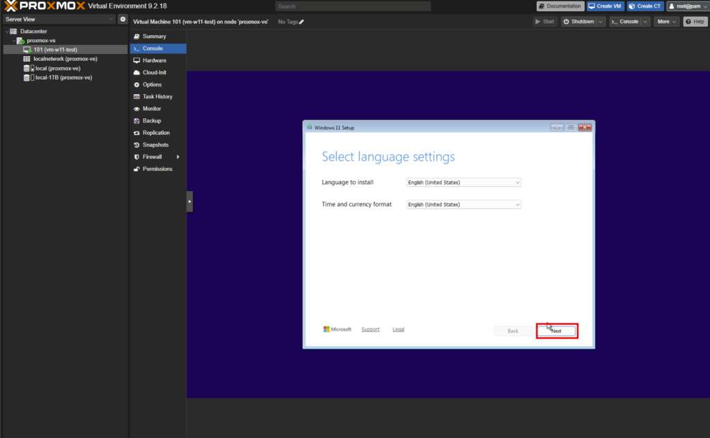 Programme d'installation de Windows 11 affichant la sélection de la langue dans la console Proxmox