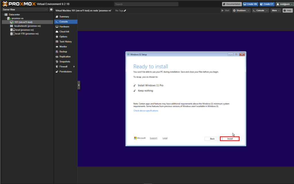 Écran Ready to install récapitulant l'installation de Windows 11 Pro