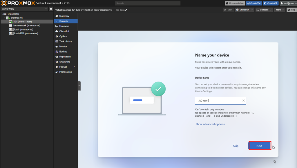 Écran Name your device de l'OOBE de Windows 11 avec le nom JLO-test1