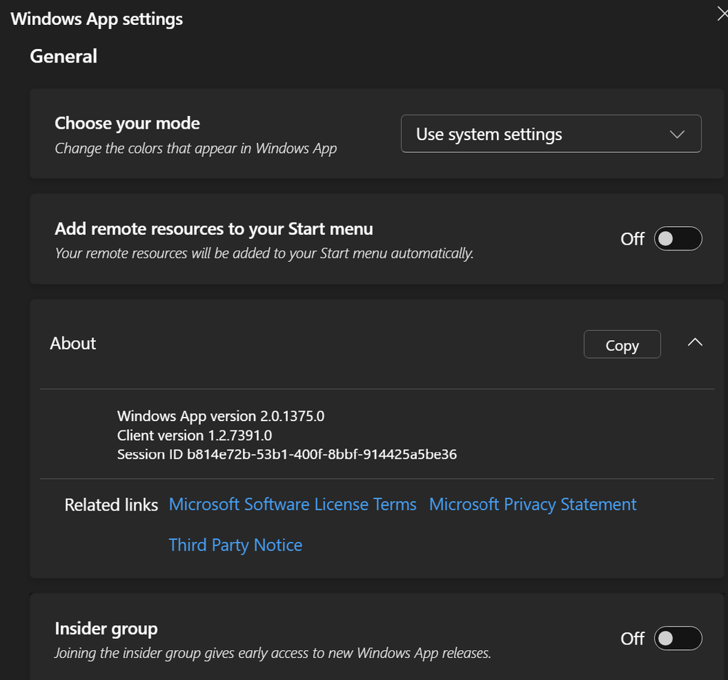 Version de Windows App et configuration graphique du poste local Windows 11