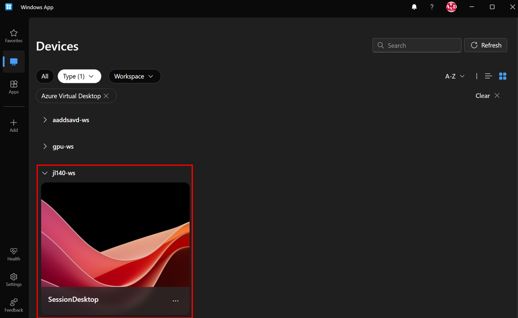 Windows App ouvert sur le poste Windows 11 avec le host pool AVD de test