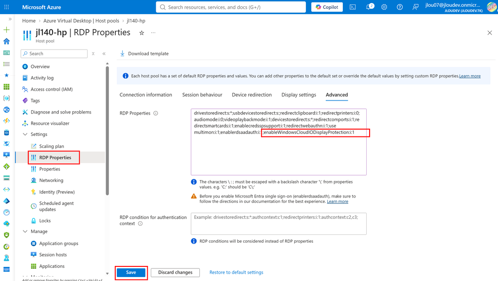 Propriété RDP enableWindowsCloudIODisplayProtection ajoutée dans l'onglet Advanced du host pool AVD