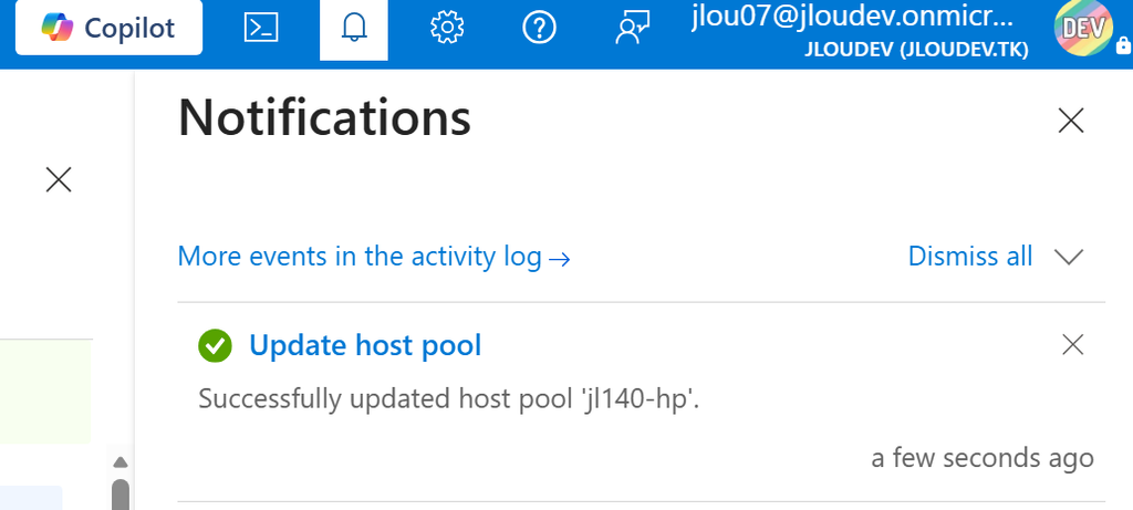 Confirmation de la sauvegarde des propriétés RDP du host pool dans le portail Azure