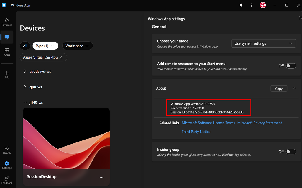 Numéro de version de Windows App affiché sur le poste Windows 11