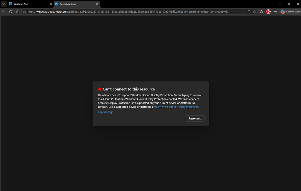 Erreur de connexion à une session protégée depuis une ouverture de session dans Edge