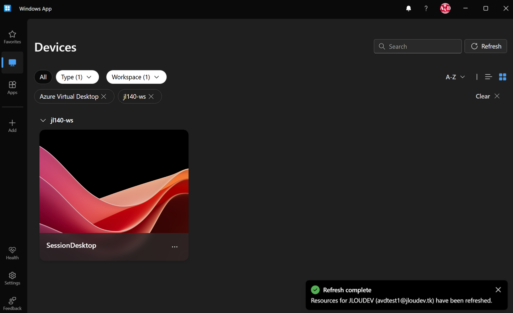 Nouvelle session AVD ouverte depuis Windows App avec Display Protection activé