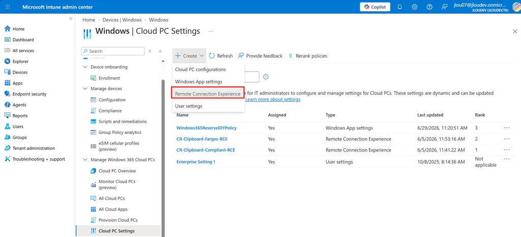 Cloud PC Settings et Remote Connection Experience dans le centre d'administration Intune