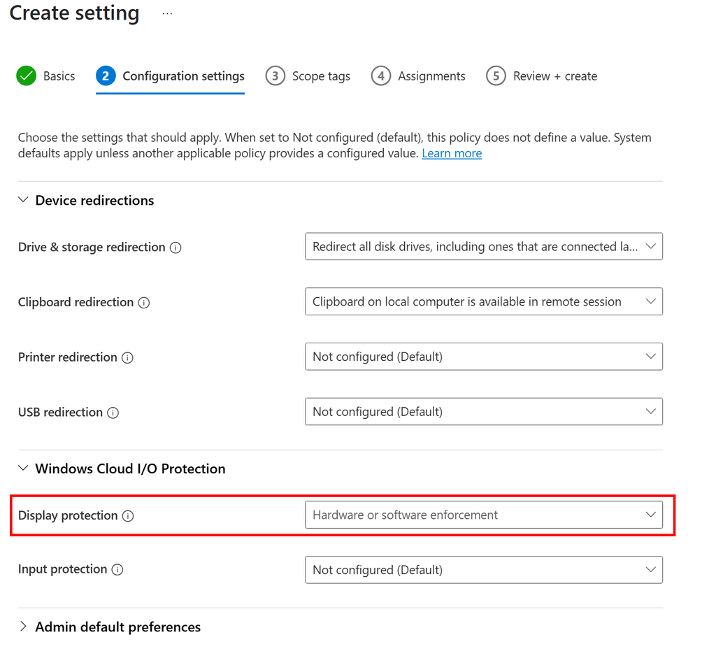 Niveau de Display Protection sélectionné sous IO Protection dans Intune